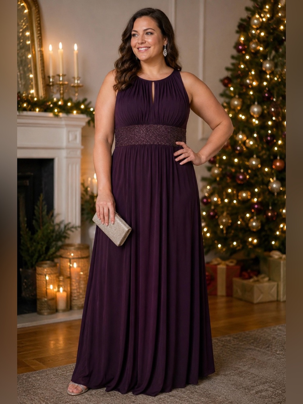 DressBarn Collection 18W Plum Purple Beaded Waist Maxi Dress Formal Evening